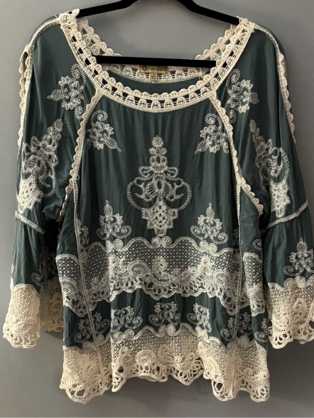 Democracy Sage Green Embroidered Crochet-Trim Tunic Boho/Vintage Style